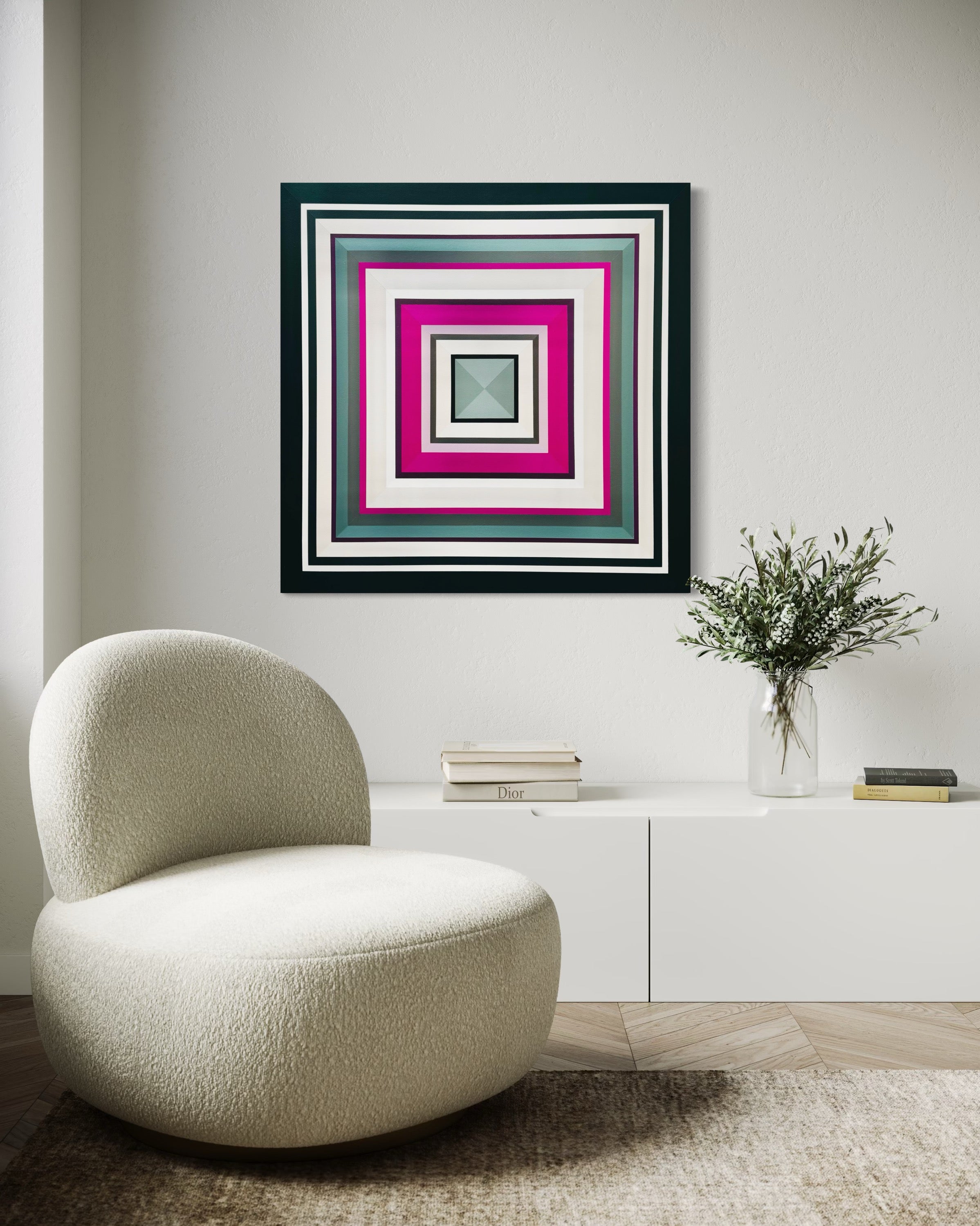 Modern interior with a textured chair, abstract painting ‘Tell Me More’ by Elena Alexander and a vase with plants.