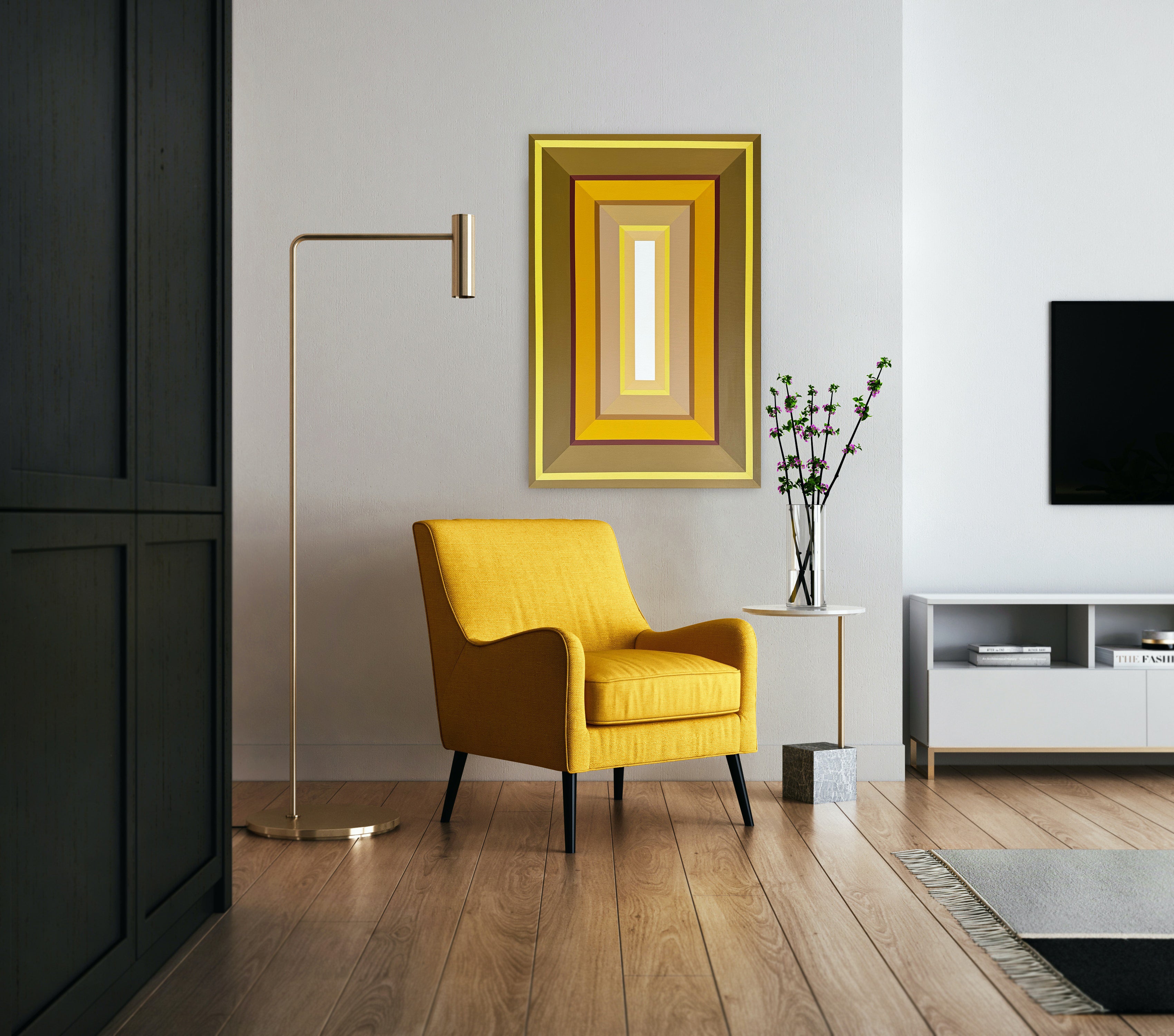 The "A-Mustardpiece" painting creating a sophisticated, monochromatic look in a modern reading nook, perfectly complementing the color of a stylish mustard-yellow armchair.