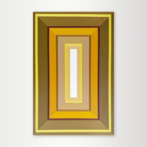  "A-Mustardpiece" - A hard-edge geometric abstract by Elena Alexander featuring a warm, monochromatic palette of mustard, yellow, and gold concentric rectangles.