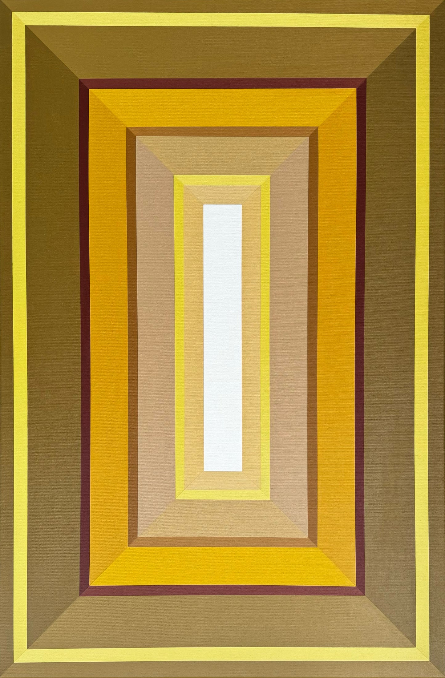 'A Mustardpiece' by Elena Alexander - Hard edge abstract painting featuring concentric rectangles in flat colors. The composition moves from an outer frame of lemon yellow through olive green, deep burgundy, golden mustard, and warm beige, leading to a crisp white center rectangle. This minimalist geometric wall art demonstrates precise hard edge painting technique with sharp, clean lines and absolutely flat color application. A contemporary abstract piece that plays with color harmony in the yellow family 