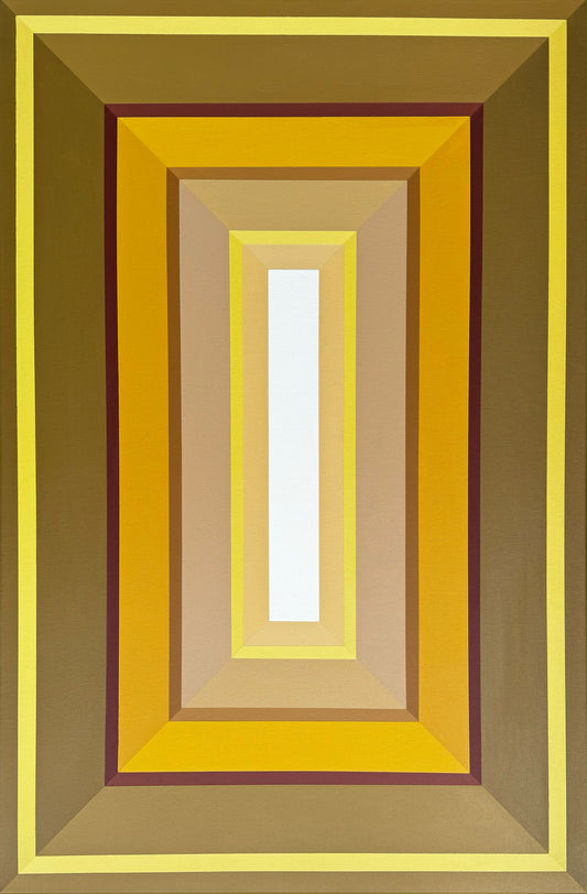 'A Mustardpiece' by Elena Alexander - Hard edge abstract painting featuring concentric rectangles in flat colors. The composition moves from an outer frame of lemon yellow through olive green, deep burgundy, golden mustard, and warm beige, leading to a crisp white center rectangle. This minimalist geometric wall art demonstrates precise hard edge painting technique with sharp, clean lines and absolutely flat color application. A contemporary abstract piece that plays with color harmony in the yellow family 