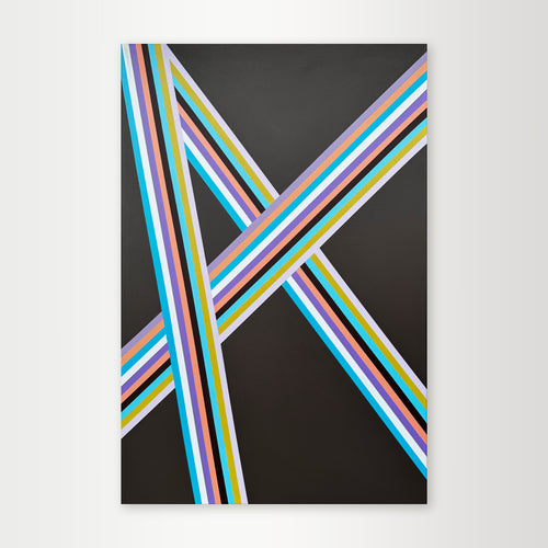 "Action!" - A dynamic hard-edge geometric abstract by Elena Alexander, with intersecting diagonal lines in shades of blue, grey, and white that create a strong sense of movement.