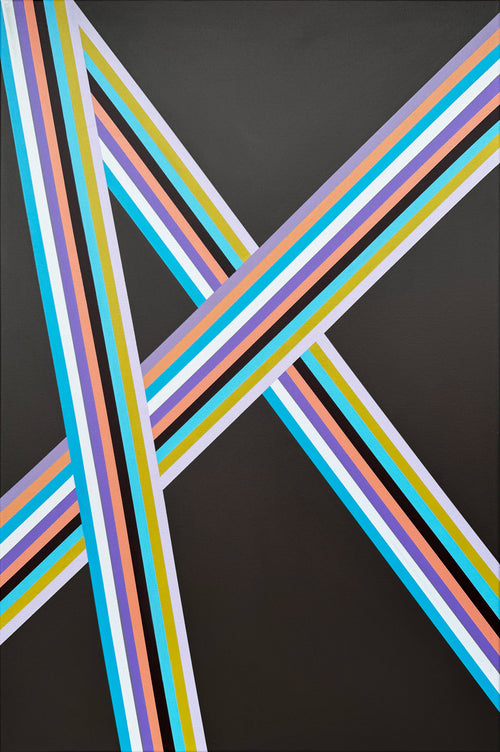 Geometric abstract painting ‘Action!’ by Elena Alexander, 24 x 36 inches, intersecting pastel stripes on a rich dark brown background.
