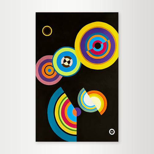 "Axis-of-change" - A vibrant hard-edge geometric abstract by Elena Alexander, composed of brightly colored concentric rings in pink, teal, and yellow set against a dramatic black background.