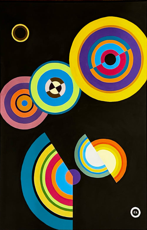 Geometric abstract painting ‘Axis of Change’ by Elena Alexander, concentric multicolor circles and arcs on a black background, acrylic on canvas.