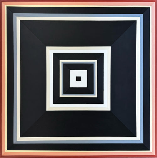 A dramatic studio shot of the "Black-and-Peach" painting, highlighting the vibrant contrast between the soft peach frame and the deep black and white center.