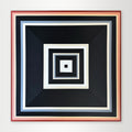"Black-and-Peach" - A hard-edge geometric abstract painting by Elena Alexander featuring concentric squares in soft peach and cream with a bold black border.