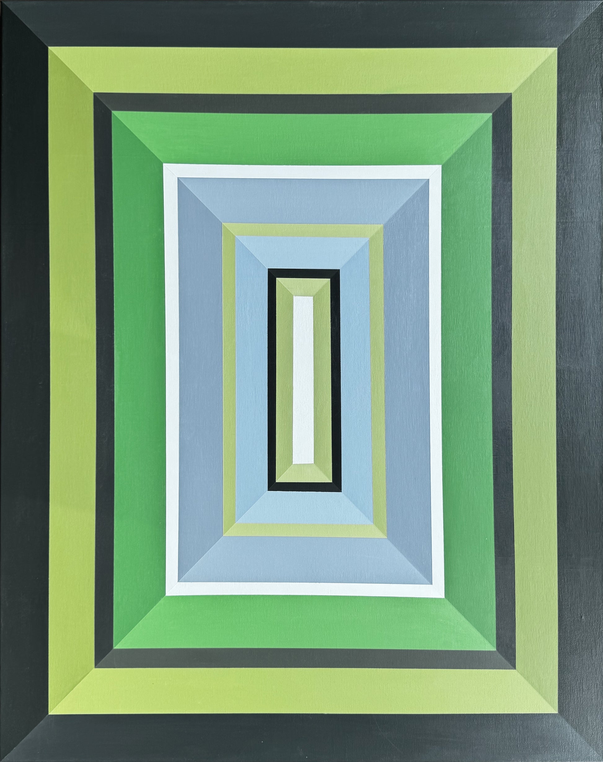 Hard edge abstract painting by Elena Alexander featuring concentric rectangles in flat colors. The geometric composition transitions from deep charcoal border through lime green, emerald, and powder blue tones, leading to a white center rectangle framed in black. A minimalist wall art piece demonstrating precise hard edge painting technique with clean lines and flat color application. The cool color palette creates a fresh, modern aesthetic while maintaining architectural geometric precision.