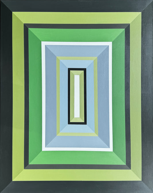 Hard edge abstract painting by Elena Alexander featuring concentric rectangles in flat colors. The geometric composition transitions from deep charcoal border through lime green, emerald, and powder blue tones, leading to a white center rectangle framed in black. A minimalist wall art piece demonstrating precise hard edge painting technique with clean lines and flat color application. The cool color palette creates a fresh, modern aesthetic while maintaining architectural geometric precision.