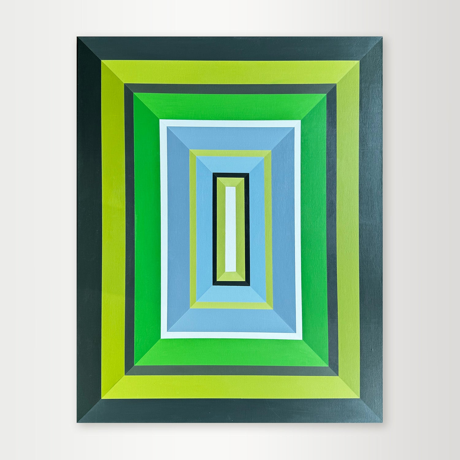 "Canopy" - A lush hard-edge geometric abstract by Elena Alexander, featuring concentric squares in varying shades of deep and light green, reminiscent of a forest canopy.