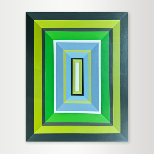 "Canopy" - A lush hard-edge geometric abstract by Elena Alexander, featuring concentric squares in varying shades of deep and light green, reminiscent of a forest canopy.