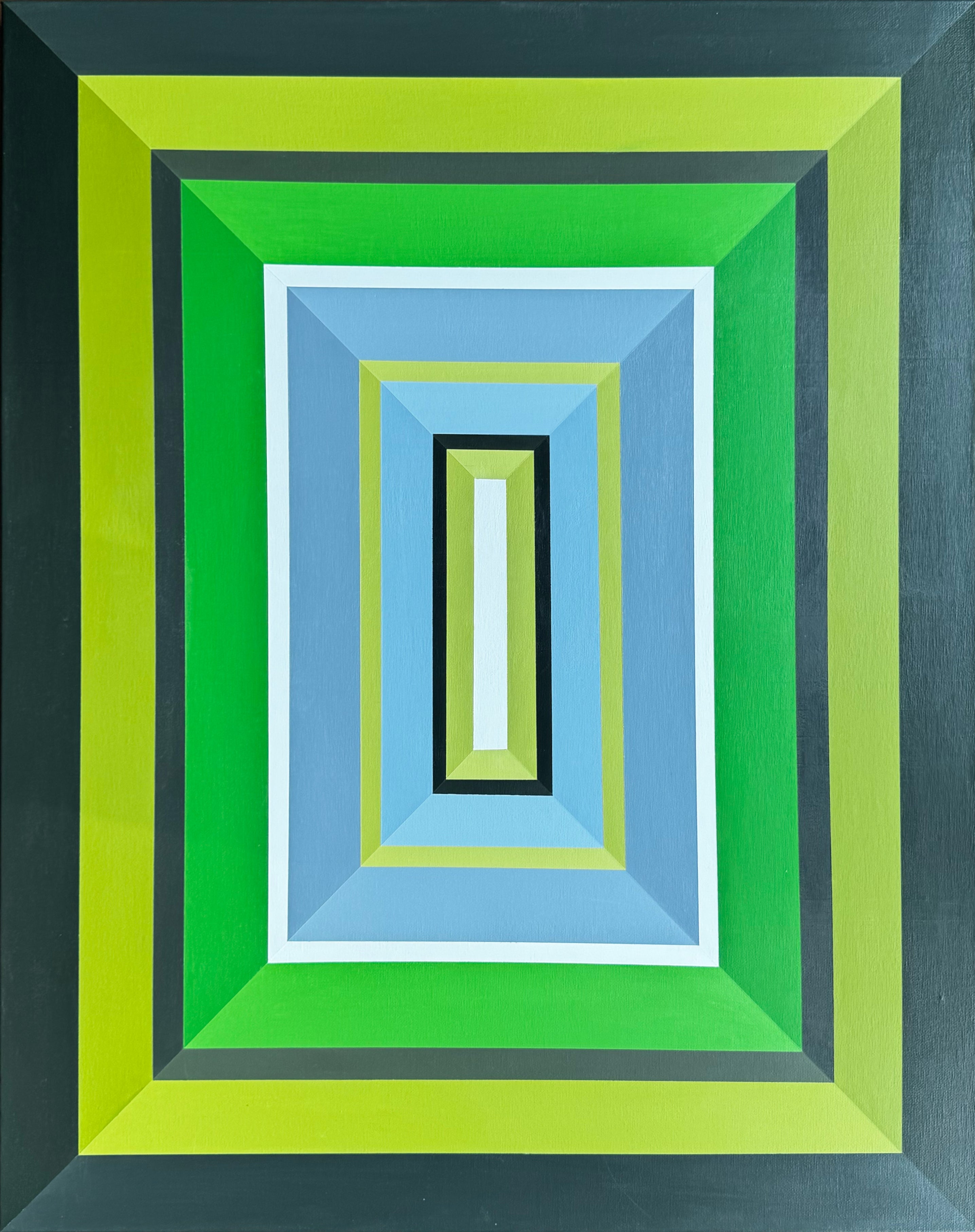 ard-edge geometric abstract painting ‘Canopy’ by Elena Alexander, layered rectangles in green, blue, and gray creating a dimensional effect, acrylic on canvas.