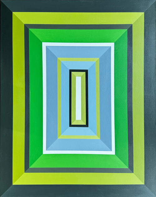 ard-edge geometric abstract painting ‘Canopy’ by Elena Alexander, layered rectangles in green, blue, and gray creating a dimensional effect, acrylic on canvas.