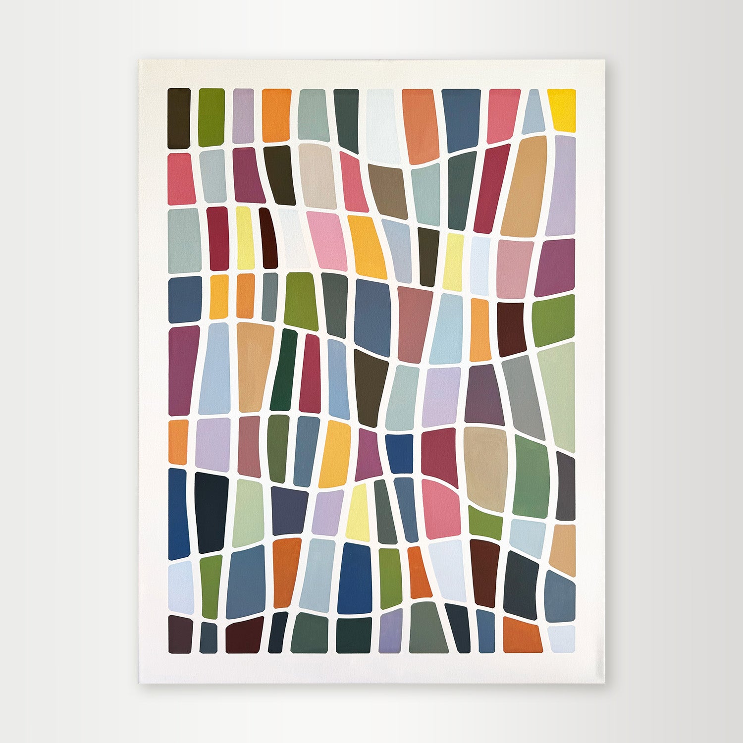 "Color-Grid-Series-I" - A hard-edge geometric abstract by Elena Alexander, composed of a rhythmic pattern of vibrant, multi-colored vertical stripes against a off-white backdrop.
