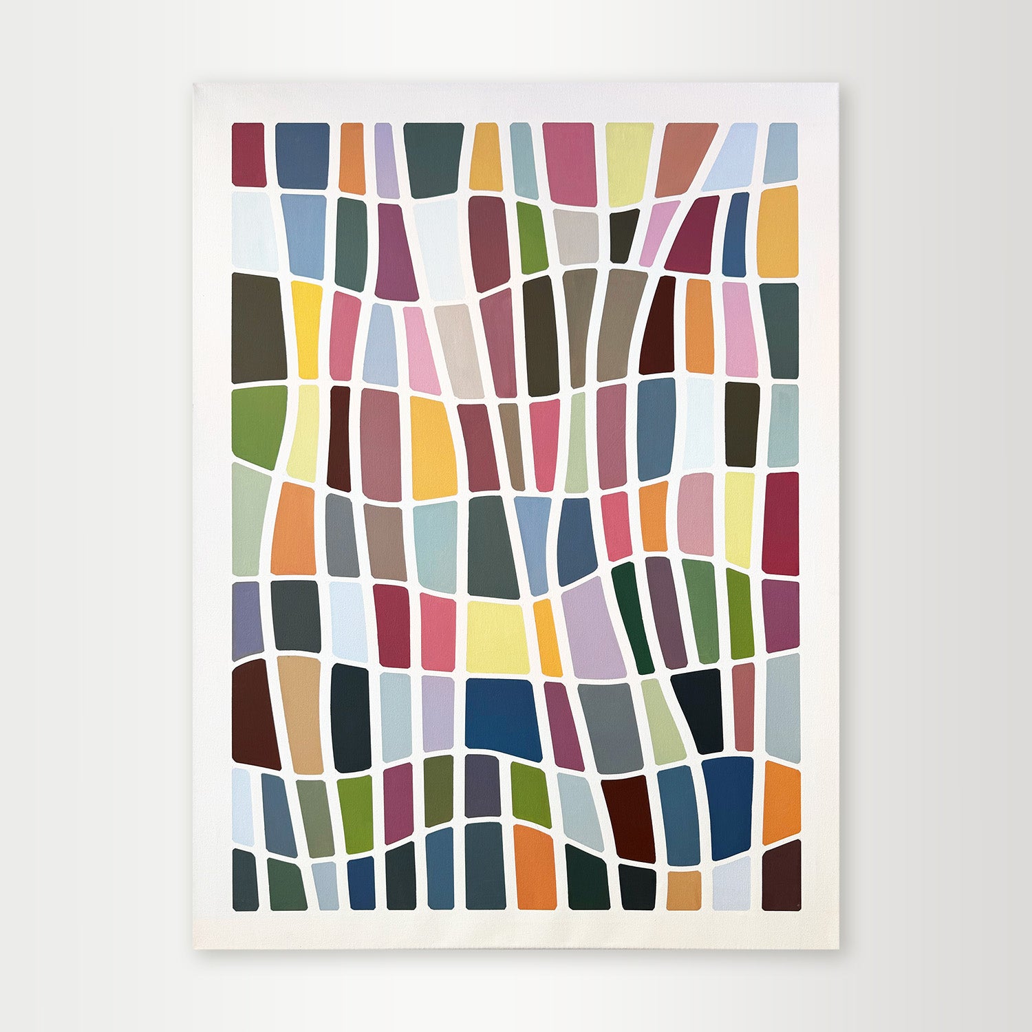 "Color-Grid-Series-II" - A hard-edge geometric abstract by Elena Alexander, featuring columns of thin, multi-colored vertical stripes of varying lengths on a clean off-white background.