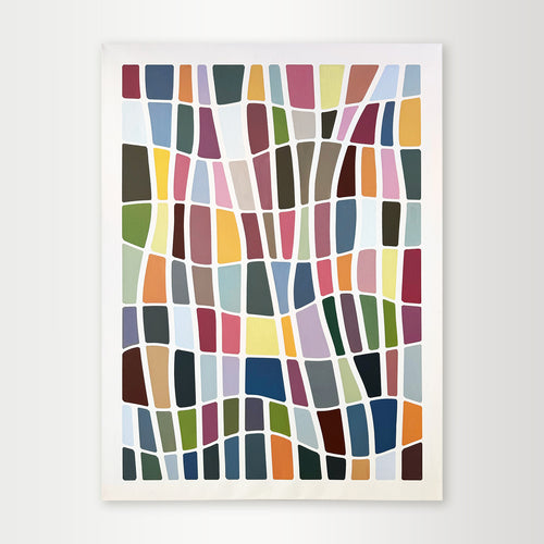 "Color-Grid-Series-II" - A hard-edge geometric abstract by Elena Alexander, featuring columns of thin, multi-colored vertical stripes of varying lengths on a clean off-white background.
