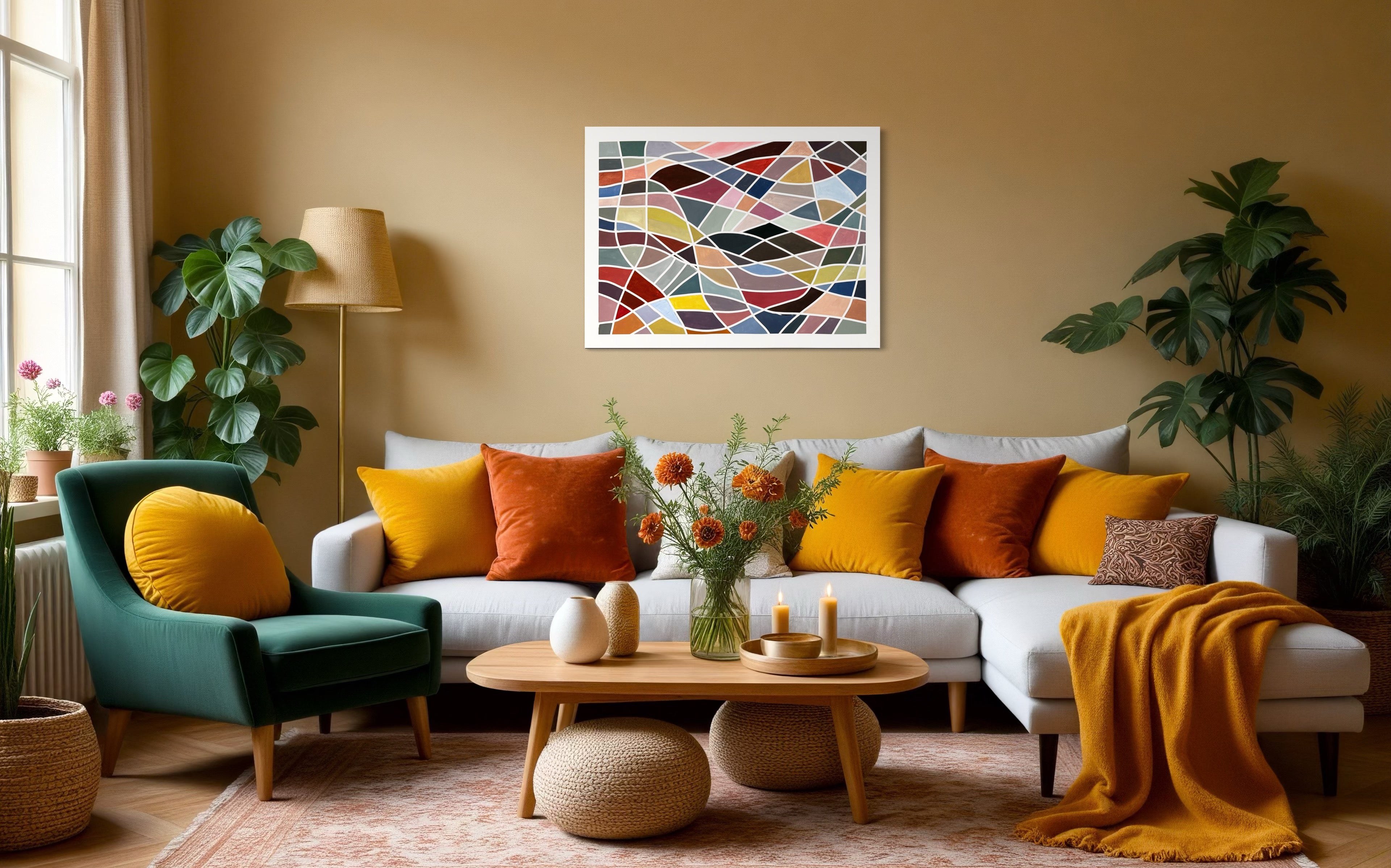 Living room with a colorful Geometric abstract painting ‘Color Grid Series III’ by Elena Alexander on the wall, a sofa with cushions, and a coffee table.