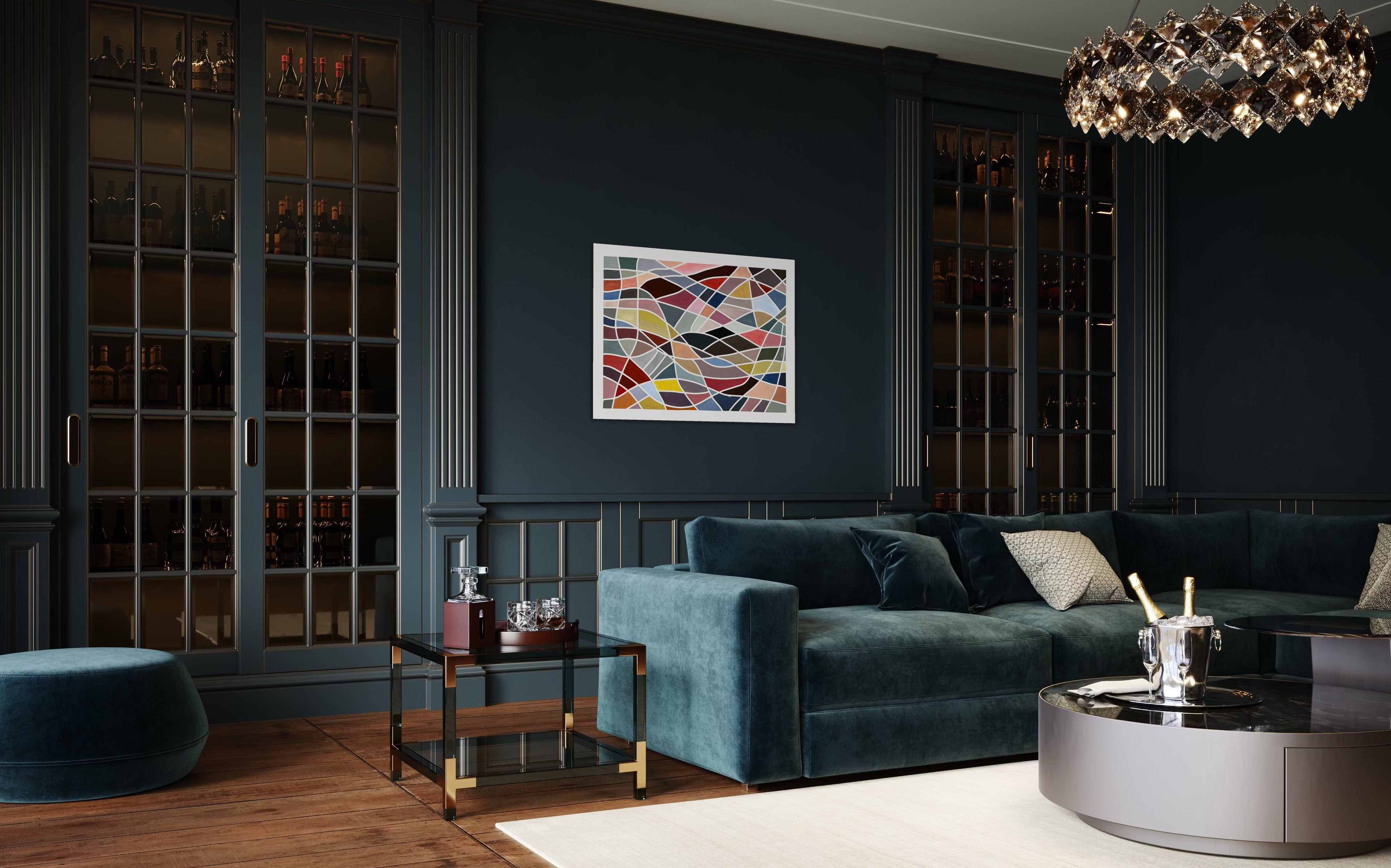 Modern living room with dark walls, a blue sofa, and a Geometric abstract painting ‘Color Grid Series III’ by Elena Alexander