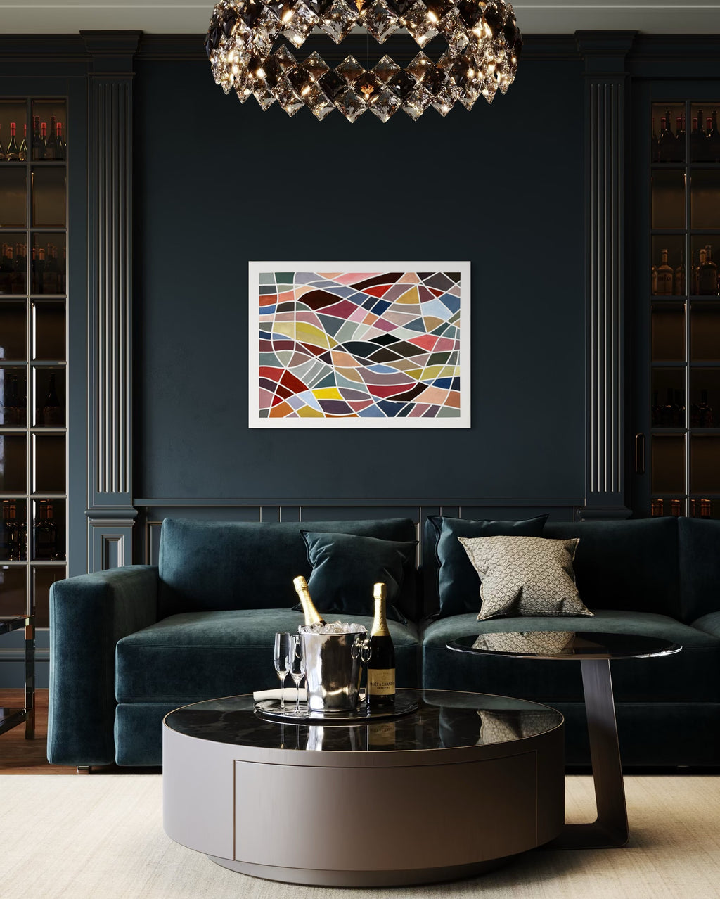 Modern living room with dark walls, a blue sofa, and a colorful abstract painting ‘Color Grid Series III’ by Elena Alexander