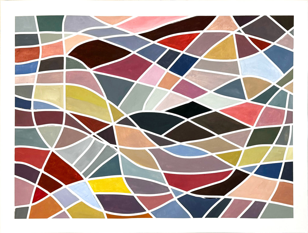 Geometric abstract painting ‘Color Grid Series III’ by Elena Alexander, 30 x 40 inches, flowing grid of bold multicolor shapes.