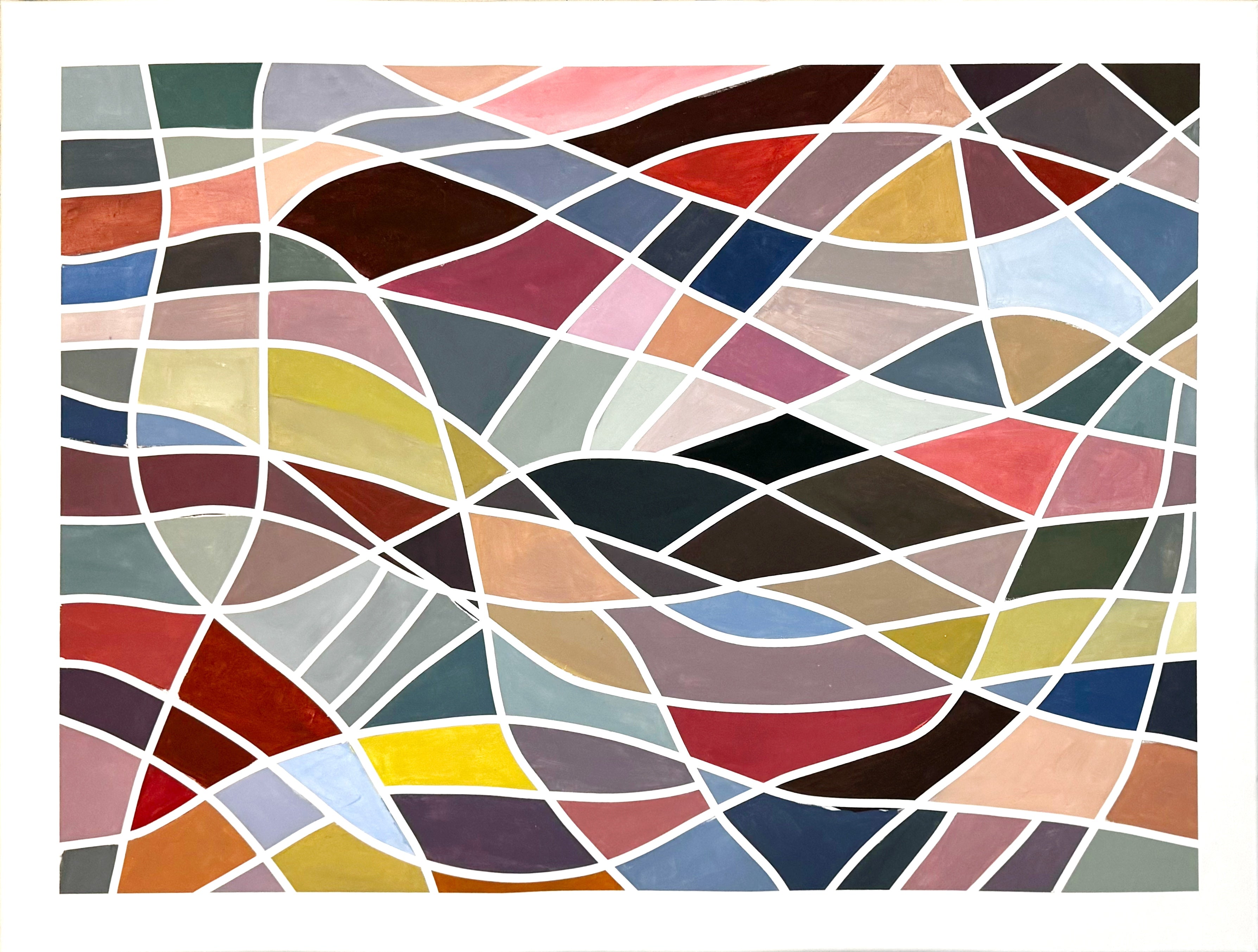 Geometric abstract painting ‘Color Grid Series III’ by Elena Alexander, 30 x 40 inches, flowing grid of bold multicolor shapes.