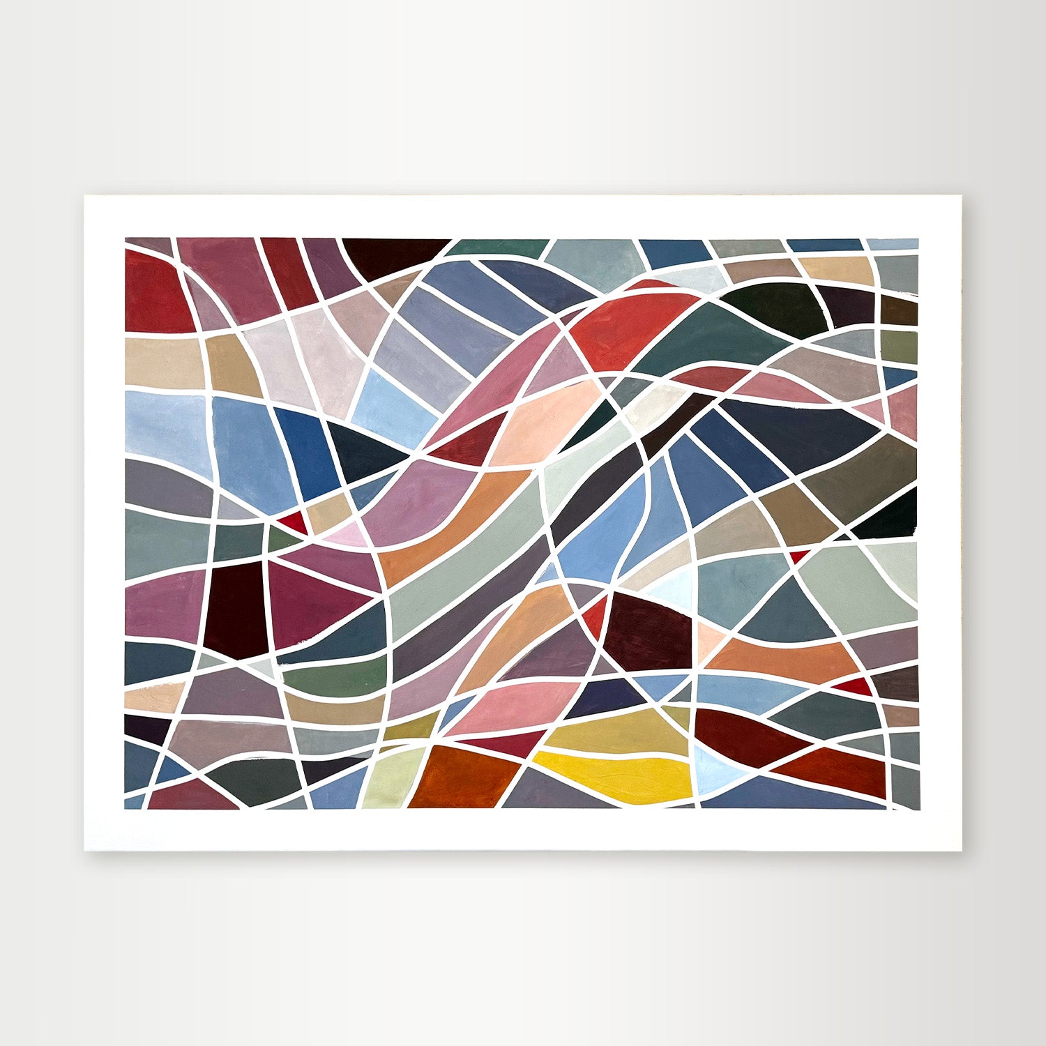 "Color-Grid-Series-IV" - A hard-edge geometric abstract by Elena Alexander, featuring a light and airy grid of pastel-colored rectangular blocks on a cream background.
