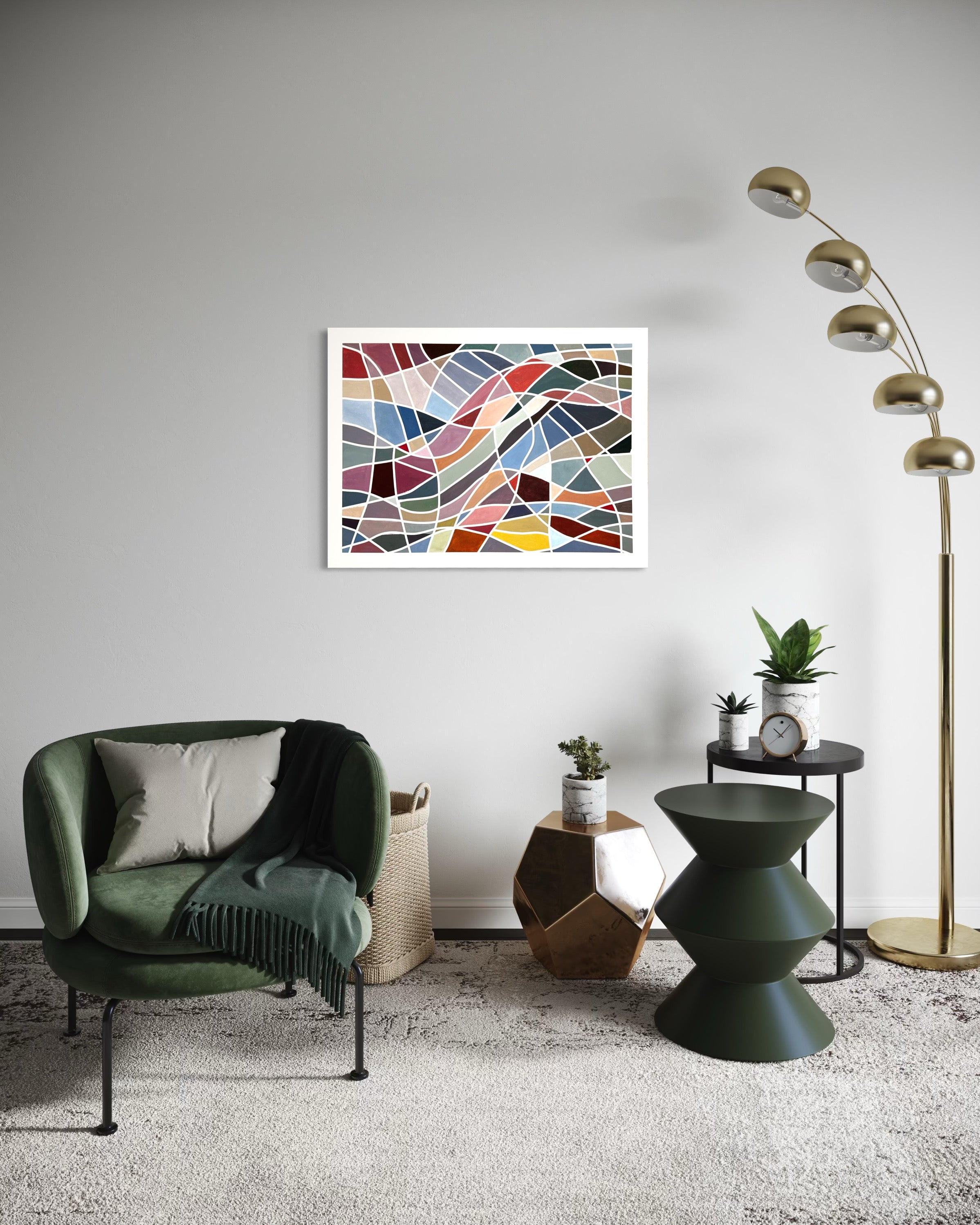 Modern living room with a green armchair, Geometric abstract painting ‘Color Grid Series IV’ by Elena Alexander on the wall, and decorative items.