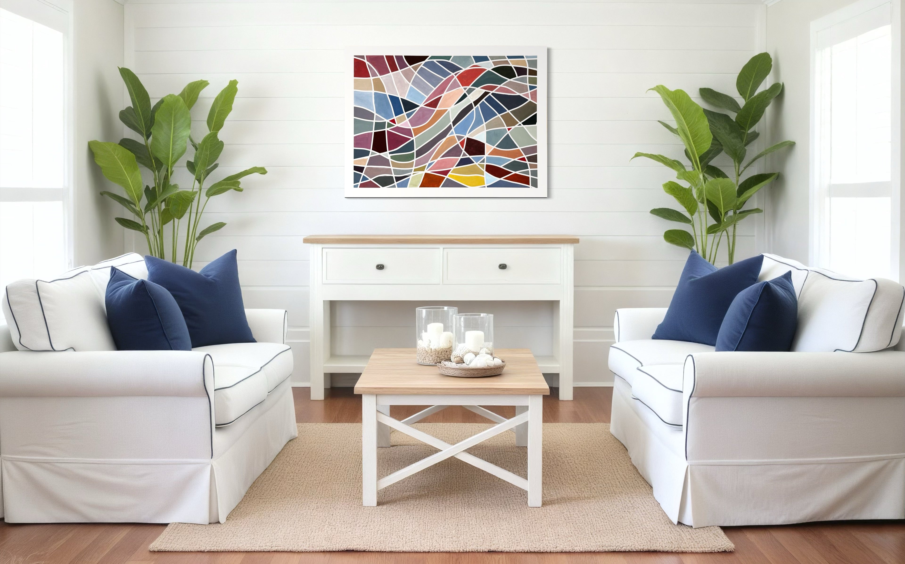 Living room with white sofas, a coffee table, and a Geometric abstract painting ‘Color Grid Series IV’ by Elena Alexander.