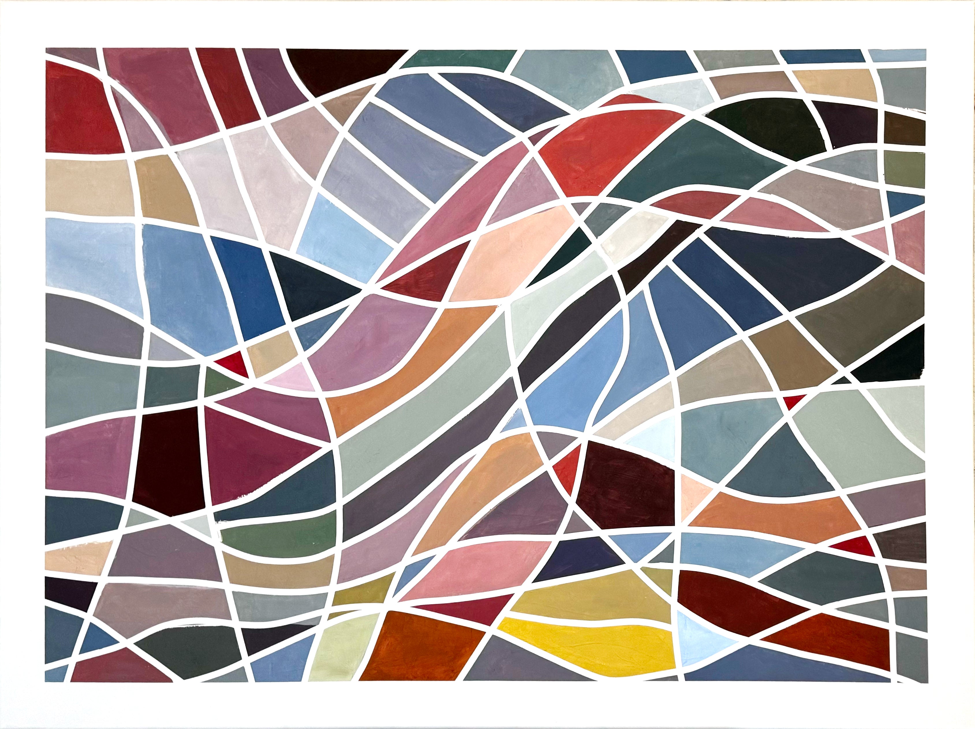 Geometric abstract painting ‘Color Grid Series IV’ by Elena Alexander, 30 x 40 inches, hard-edge grid in bold colors.