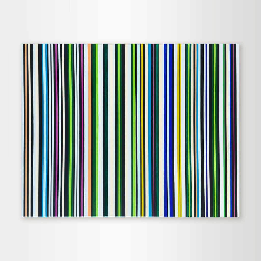 "Colorcode-Pulse" - A hard-edge geometric abstract by Elena Alexander, featuring a dense pattern of thin vertical stripes in a cool palette of greens and blues, evoking a digital pulse.