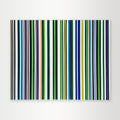 "Colorcode-Pulse" - A hard-edge geometric abstract by Elena Alexander, featuring a dense pattern of thin vertical stripes in a cool palette of greens and blues, evoking a digital pulse.