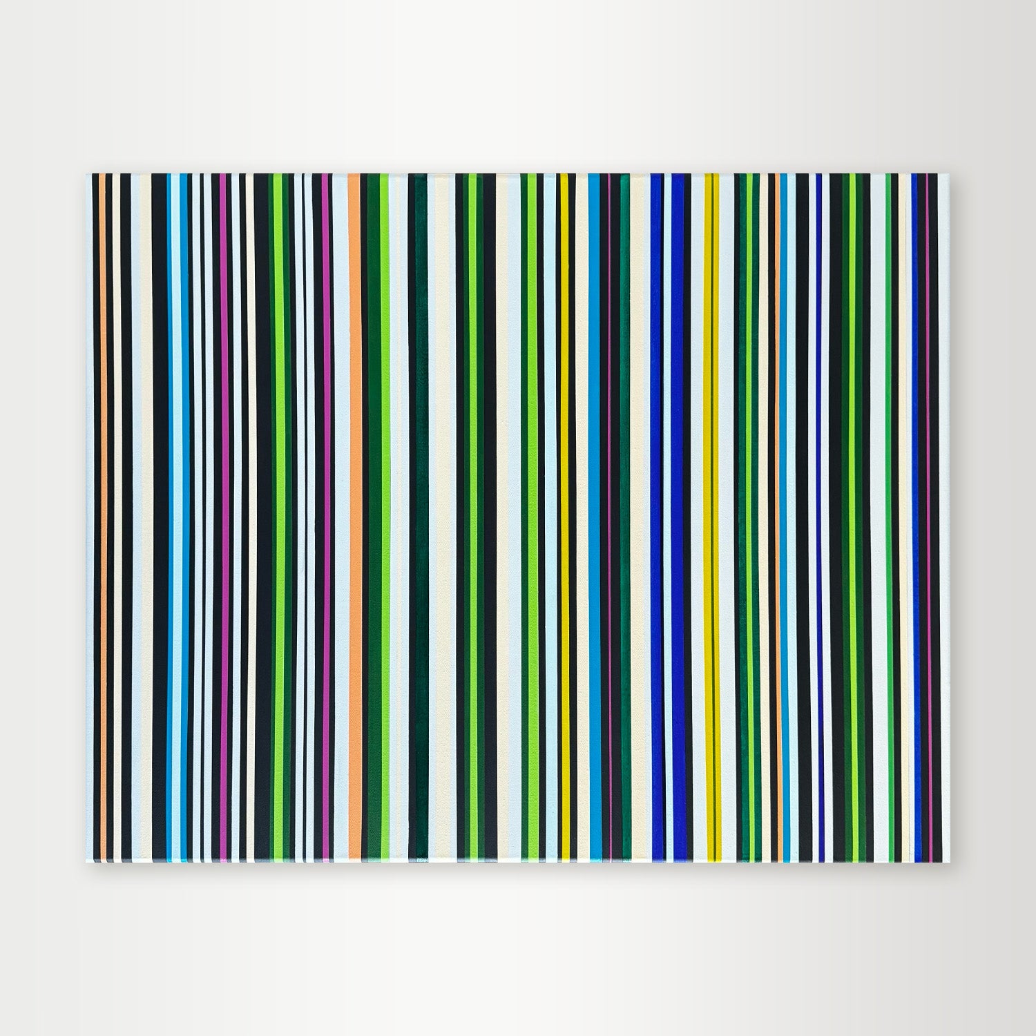 "Colorcode-Pulse" - A hard-edge geometric abstract by Elena Alexander, featuring a dense pattern of thin vertical stripes in a cool palette of greens and blues, evoking a digital pulse.