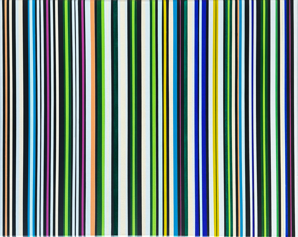 Hard-edge geometric abstract painting ‘Colorcode Pulse’ by Elena Alexander, vertical stripes in black, white, green, blue, yellow, and pink across the canvas, acrylic on canvas.