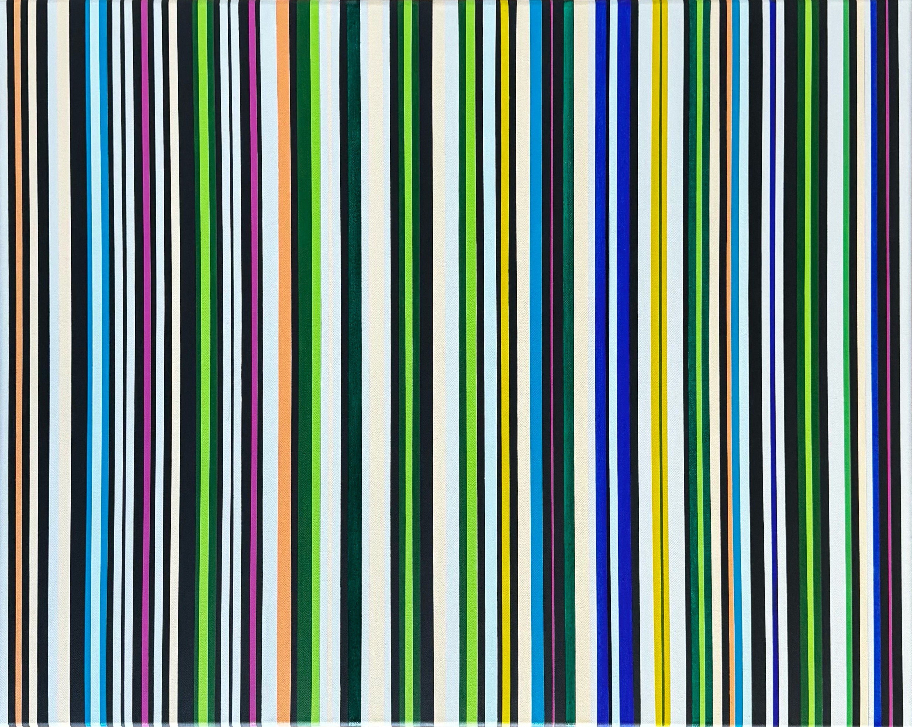 Hard-edge geometric abstract painting ‘Colorcode Pulse’ by Elena Alexander, vertical stripes in black, white, green, blue, yellow, and pink across the canvas, acrylic on canvas.