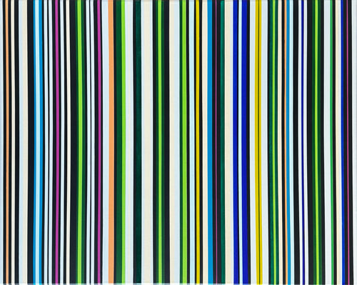 Hard-edge geometric abstract painting ‘Colorcode Pulse’ by Elena Alexander, vertical stripes in black, white, green, blue, yellow, and pink across the canvas, acrylic on canvas.
