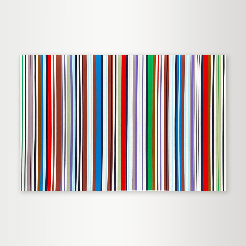 "Colorcode-signal" - A hard-edge geometric abstract by Elena Alexander, featuring a high-contrast sequence of vertical stripes in red, white, grey, and black, resembling a modern signal.
