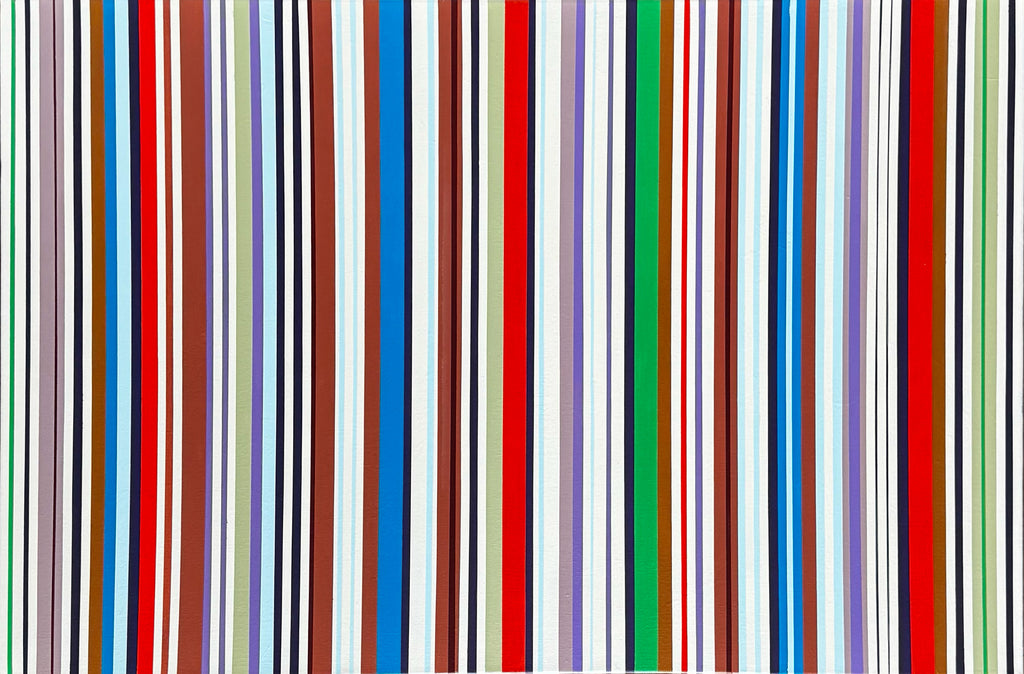 Geometric abstract painting ‘Colorcode Signal’ by Elena Alexander, vertical stripes in red, blue, green, brown, purple, and white across the canvas, acrylic on canvas.