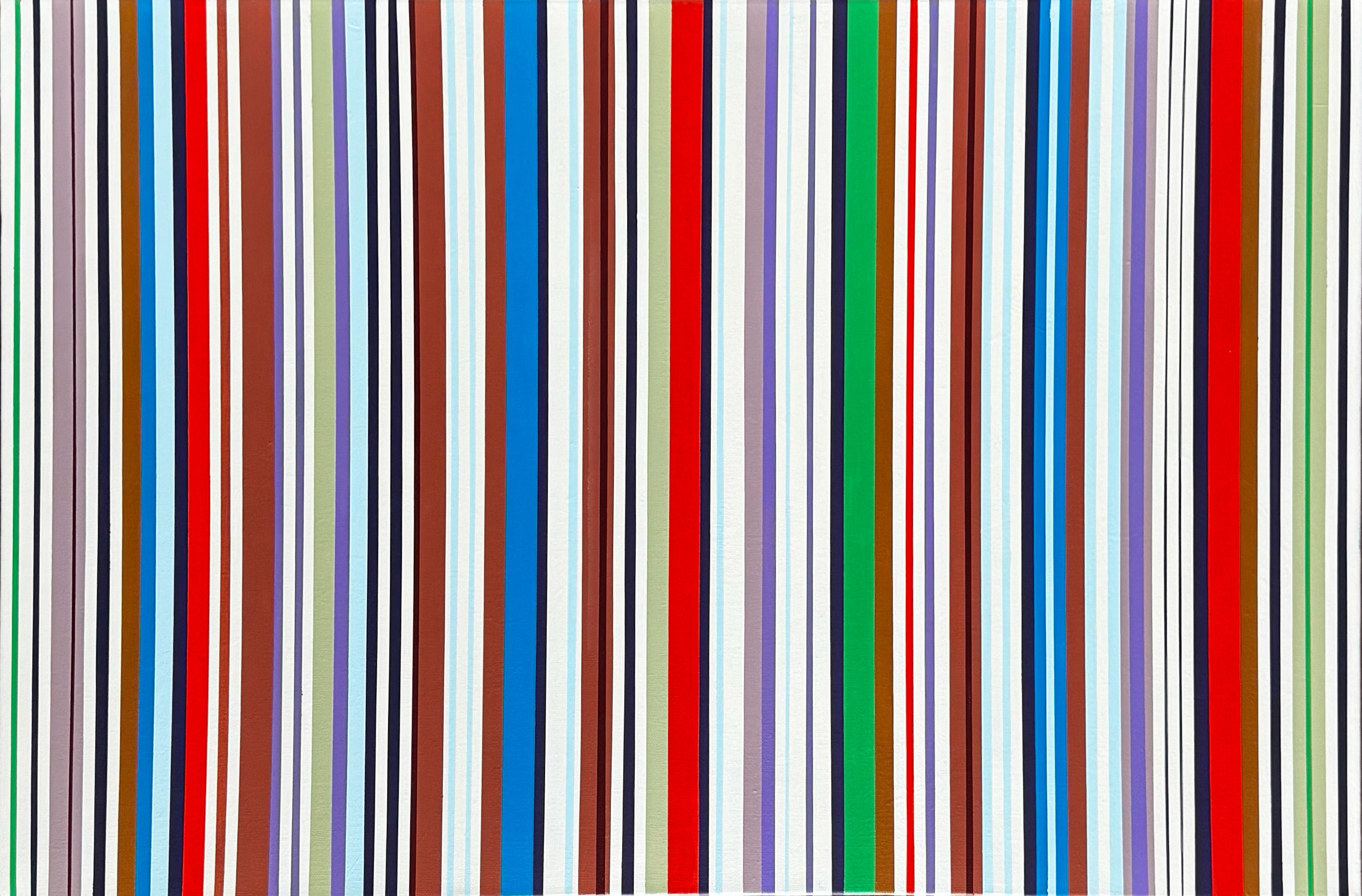 Geometric abstract painting ‘Colorcode Signal’ by Elena Alexander, vertical stripes in red, blue, green, brown, purple, and white across the canvas, acrylic on canvas.