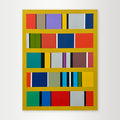 "Continuum" - A hard-edge geometric abstract by Calgary artist Elena Alexander, featuring a vibrant grid of blue, purple, and red blocks set against a brilliant yellow background.