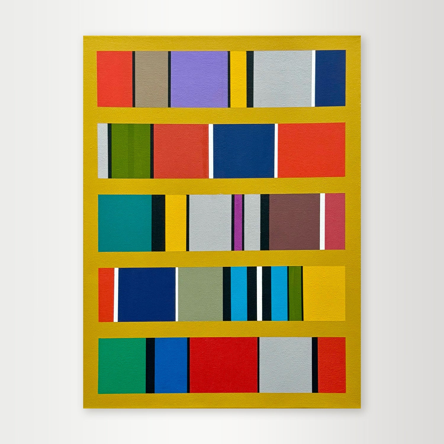 "Continuum" - A hard-edge geometric abstract by Calgary artist Elena Alexander, featuring a vibrant grid of blue, purple, and red blocks set against a brilliant yellow background.