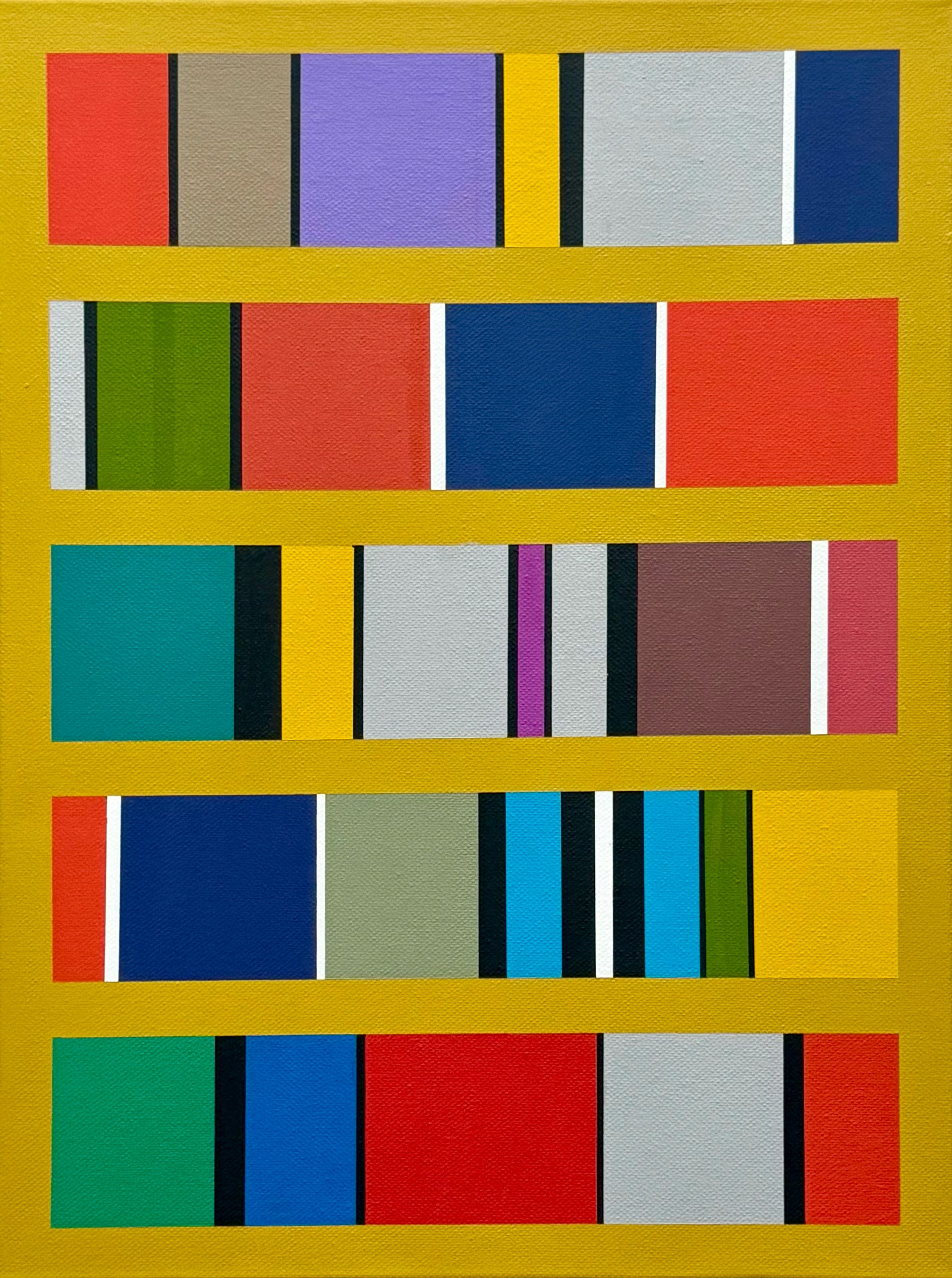 A detailed studio view of the "Continuum" painting, highlighting the clean lines of its color block grid and its bold, primary color palette.