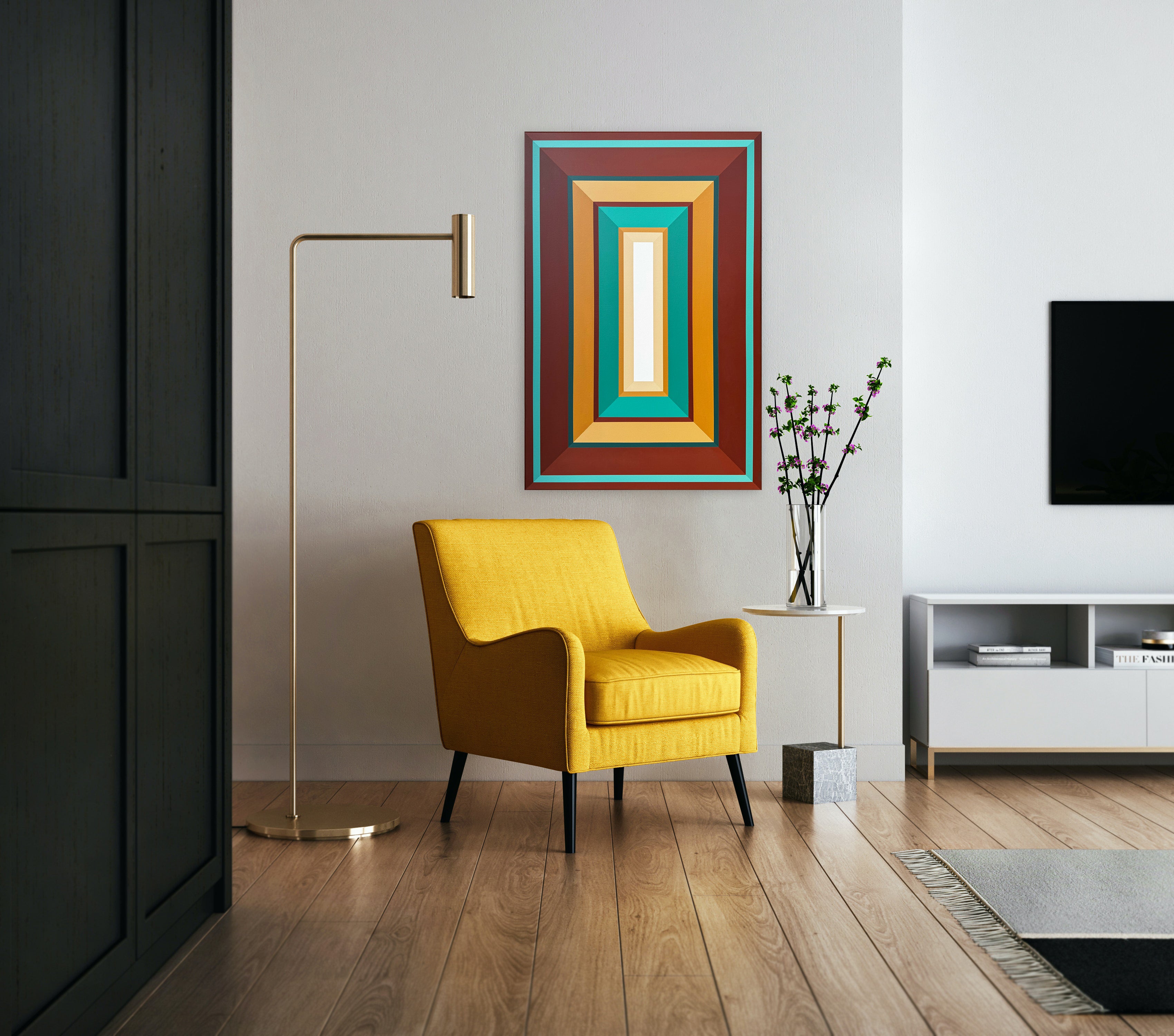The "Copper-Canyon" painting adding a pop of turquoise and earthy tones to a modern reading nook with a stylish yellow armchair.