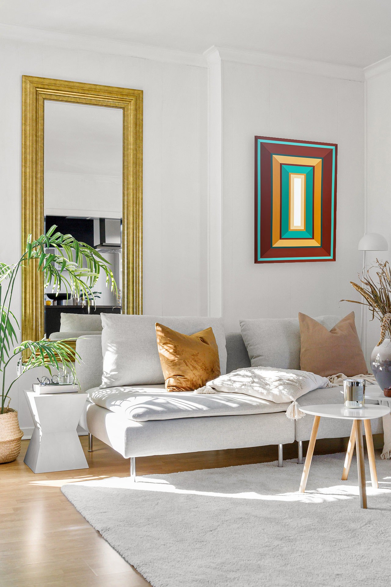  The "Copper-Canyon" geometric painting bringing a calming, earthy element to a bright and serene modern living room.