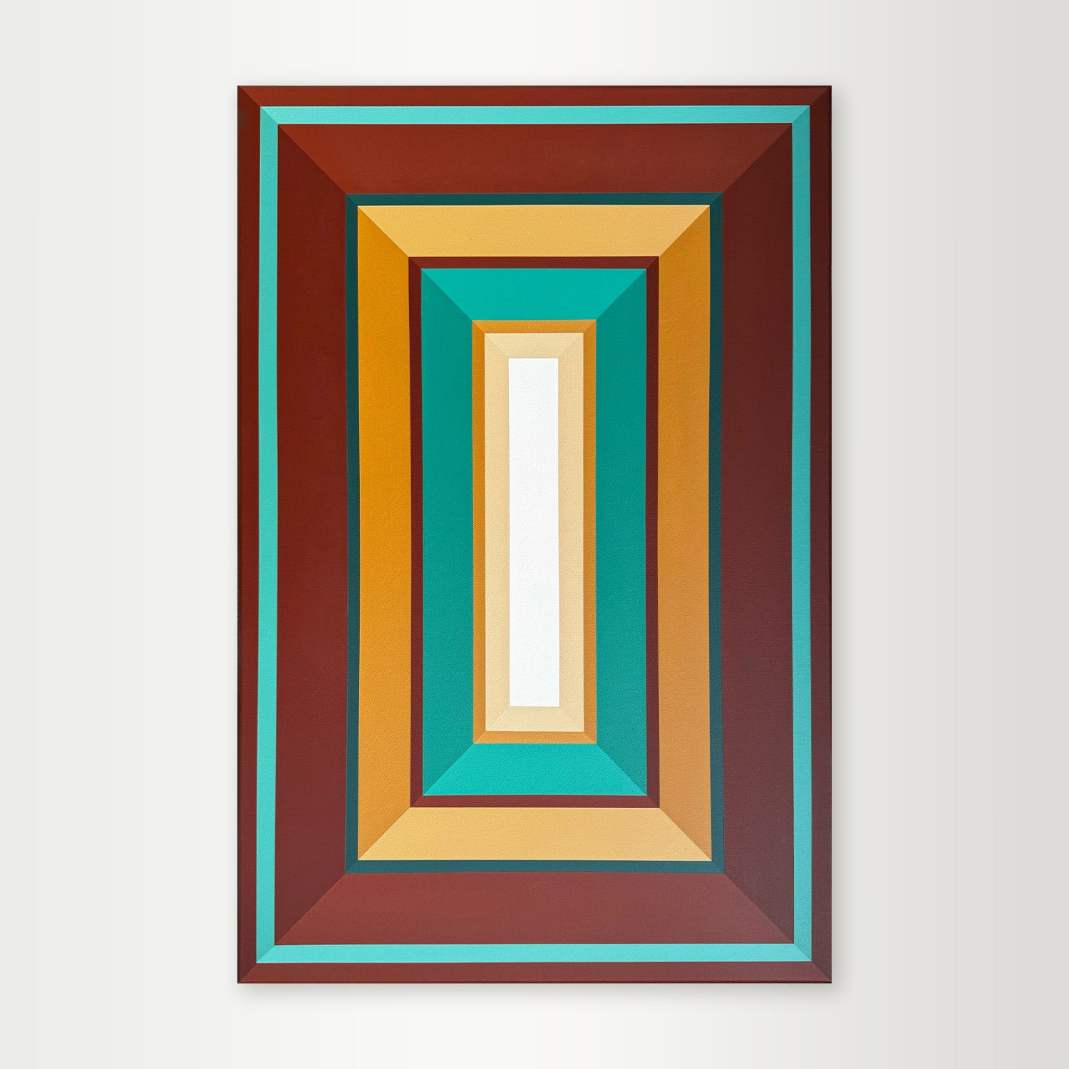 "Copper-Canyon" - A hard-edge geometric abstract by Calgary artist Elena Alexander, featuring a striking combination of vibrant turquoise and warm copper-brown tones.