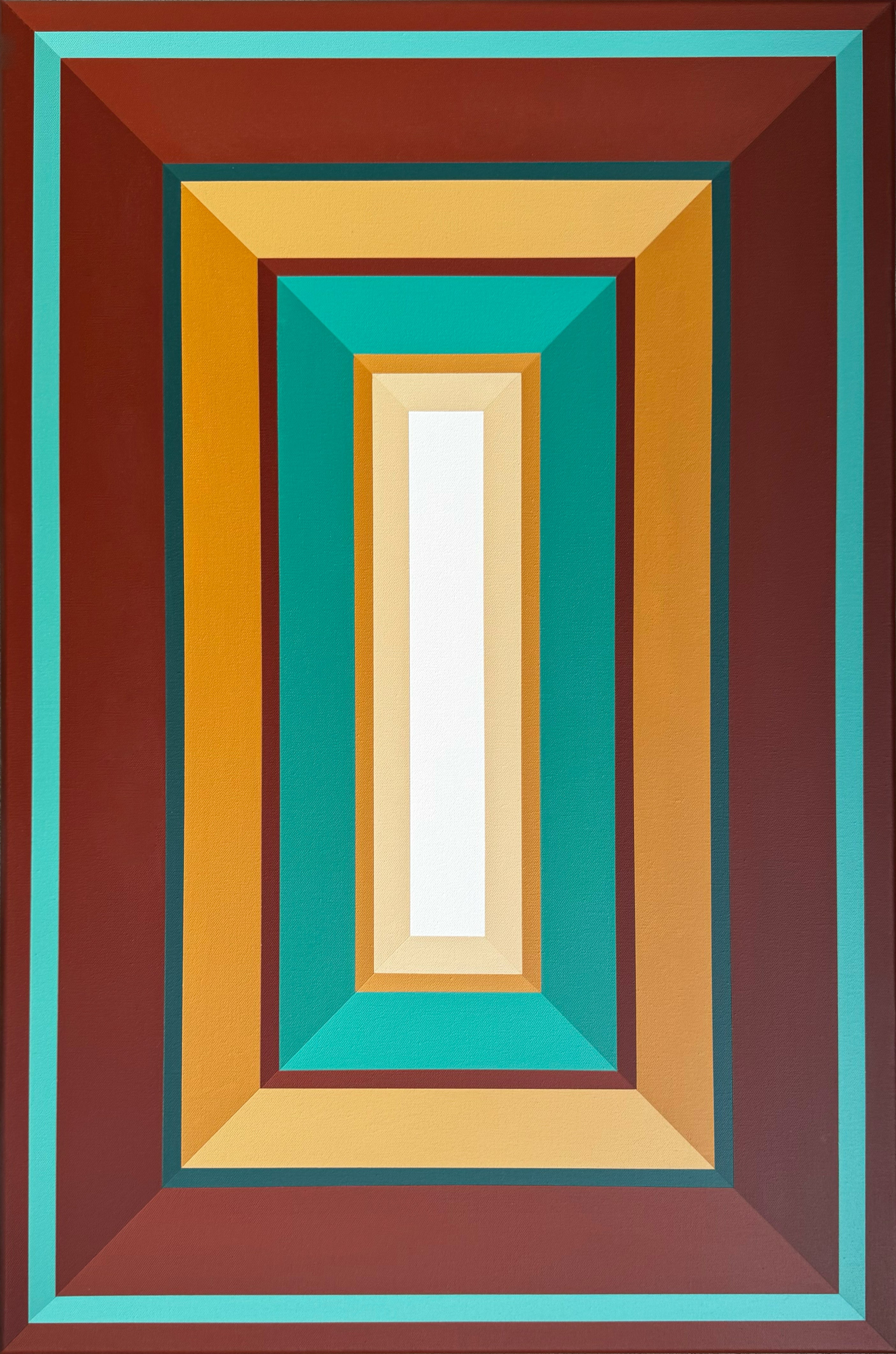 A full, straight-on view of the vertical "Copper-Canyon" painting, highlighting its balanced composition and rich, earthy color palette.