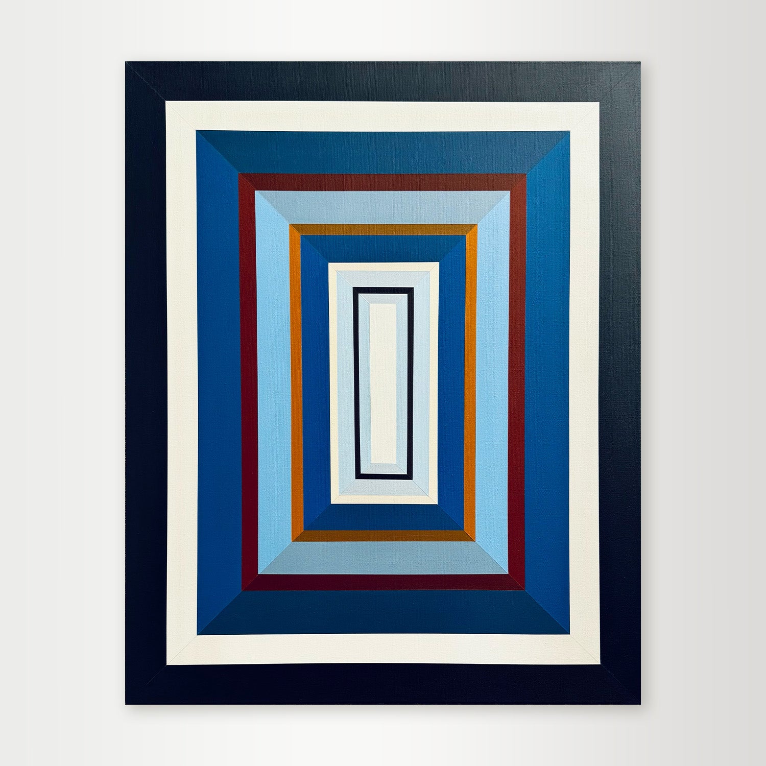 "Denim-III" - Original hard-edge geometric abstract painting by Elena Alexander featuring vertical rectangles in rich shades of denim blue with a warm orange accent.
