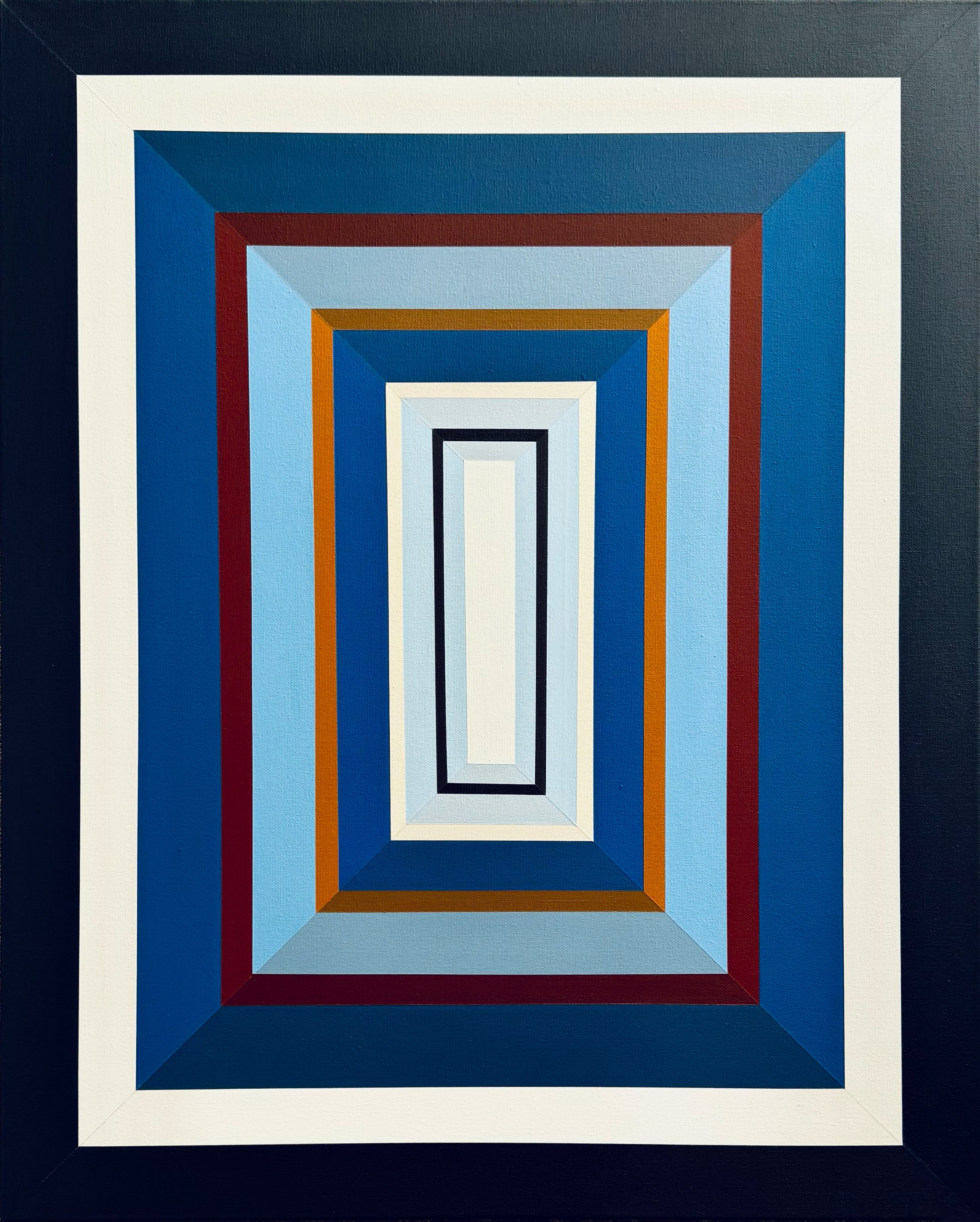 A crisp, full view of the "Denim-III" painting, detailing the layered shades of blue that give it a textured, denim-like appearance, contrasted by a bright central rectangle.