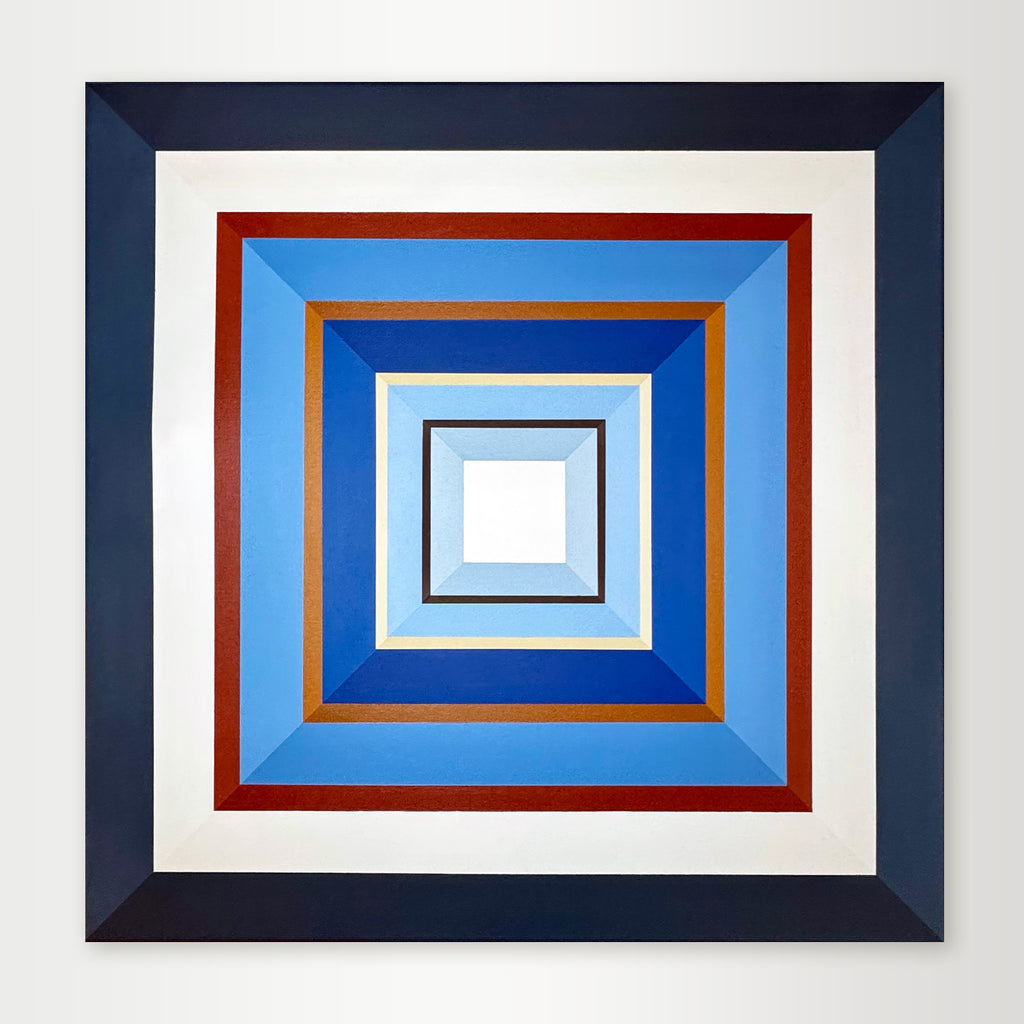 "Denim" - Original hard-edge geometric abstract painting by Calgary artist Elena Alexander featuring concentric squares in deep denim and royal blues with a sharp brown-red accent.