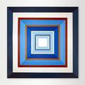 "Denim" - Original hard-edge geometric abstract painting by Calgary artist Elena Alexander featuring concentric squares in deep denim and royal blues with a sharp brown-red accent.
