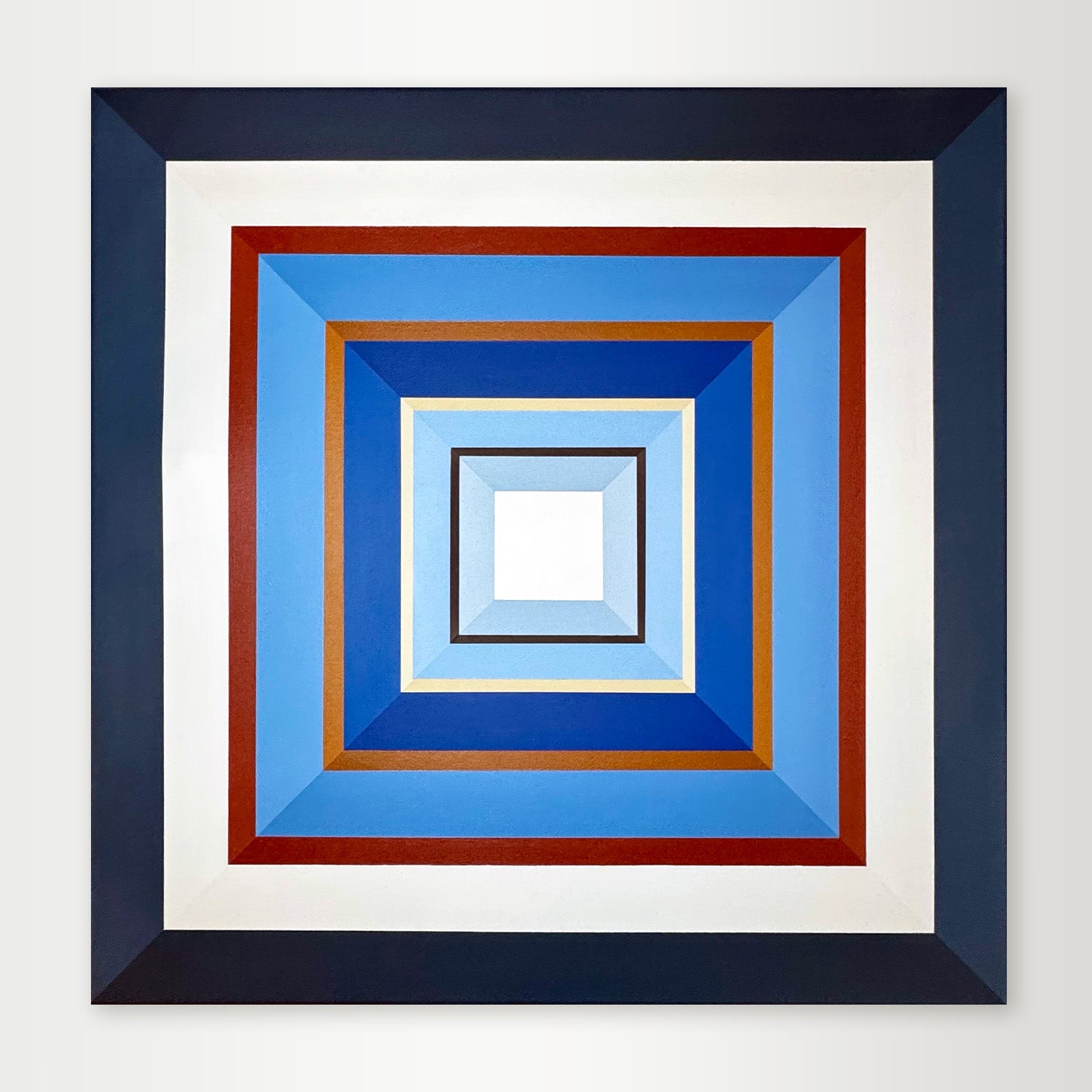 "Denim" - Original hard-edge geometric abstract painting by Calgary artist Elena Alexander featuring concentric squares in deep denim and royal blues with a sharp brown-red accent.